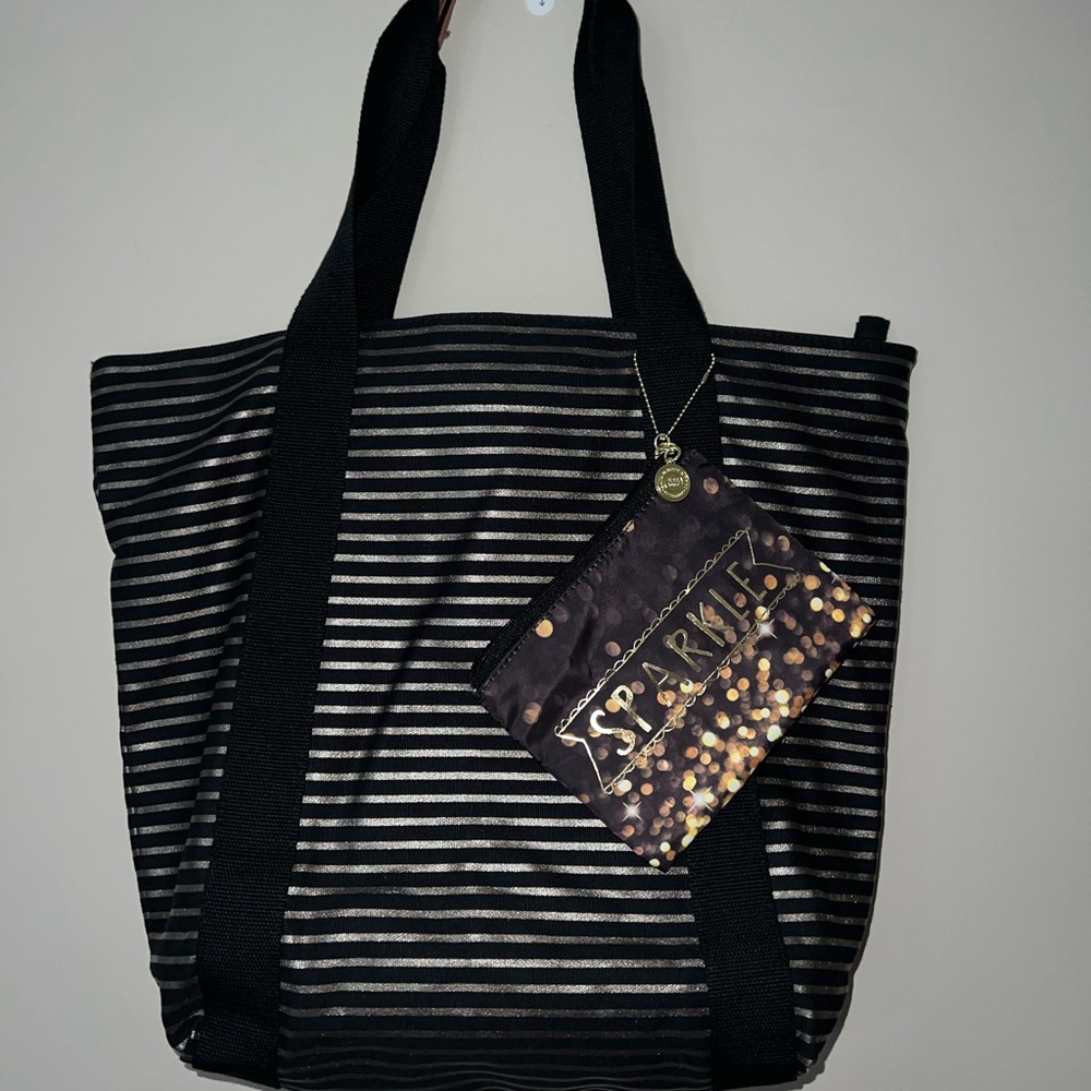 Bath & Body Works Tote Bag Black Gold Stripes - NWT - Never Used